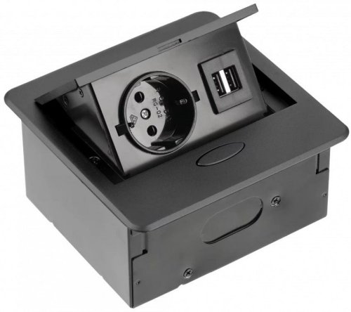 Розетка встраиваемая полуавтоматическая GTV 1-м.+2xUSB 127х118х66мм черный фото Розетка встраиваемая полуавтоматическая GTV 1-м.+2xUSB 127х118х66мм черный картинка